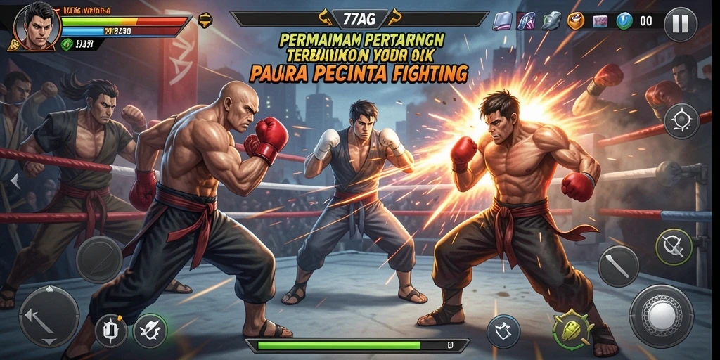 Tampilan gameplay yang intens dalam pertarungan 77AG.