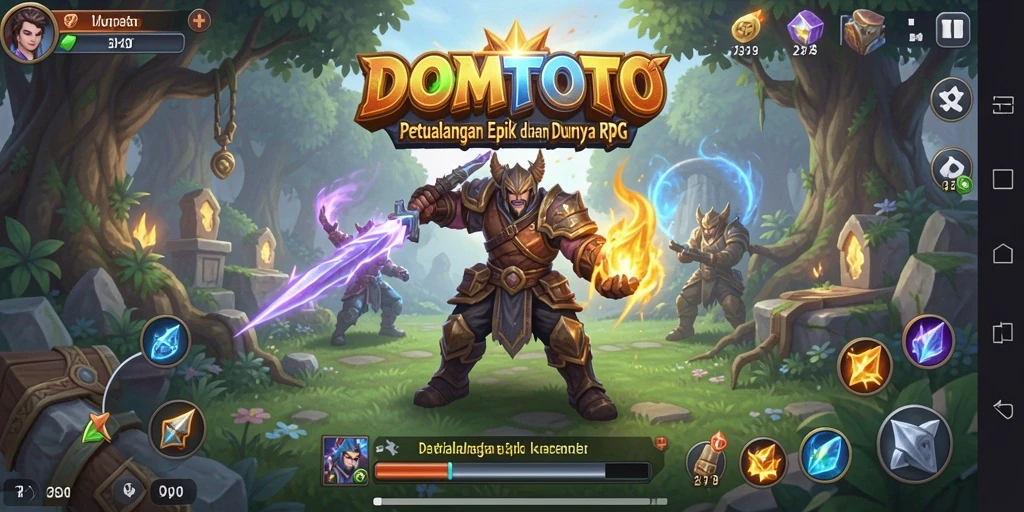 Screenshot utama dari DOMTOTO menampilkan pertarungan epik dalam dunia RPG.