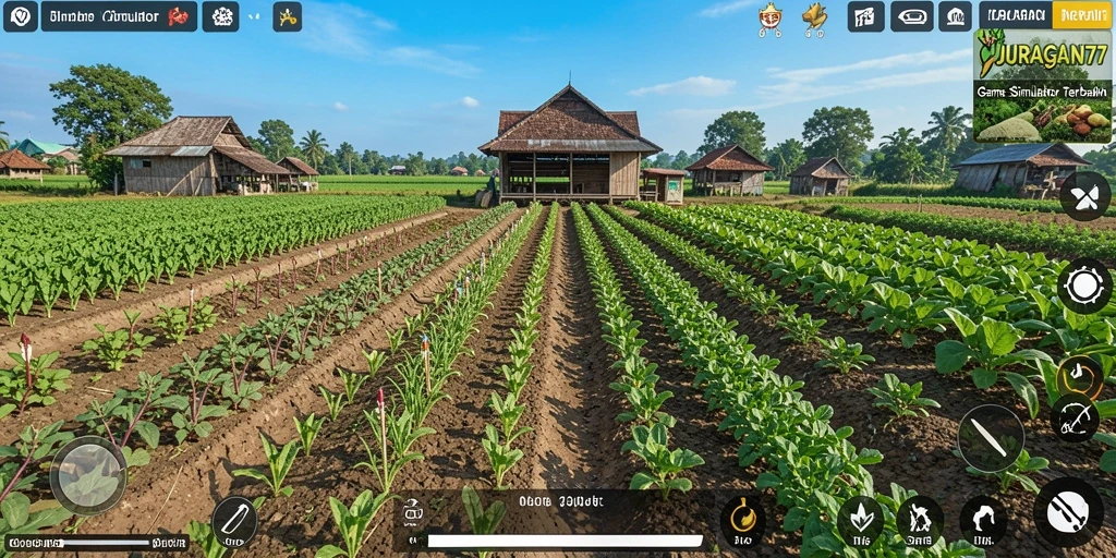 Tampilan gameplay JURAGAN77 dengan ladang yang subur dan tanaman yang tumbuh.