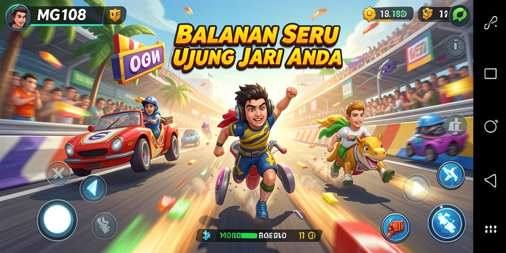 Screenshot MG108 menampilkan aksi balapan mendebarkan di lintasan penuh tantangan.
