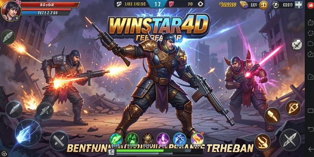 Screenshot utama WINSTAR4D menunjukkan aksi seru Battle Royale yang menegangkan.